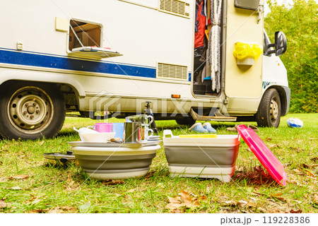 Clean dishes drying on fresh air, camping outdoor Clean dishes drying on fresh air, camping outdoor 119228386