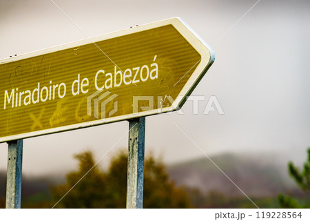 Information board at Cabezoa viewpoint, river Sil Canyon, Galicia Spain. 119228564