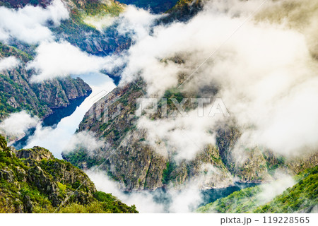 Mountain view. Clouds over river Sil Canyon, Galicia Spain. 119228565