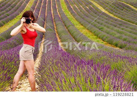 Woman take photo on lavender field, Provence France 119228821