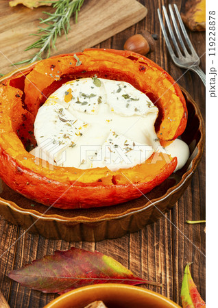 Pumpkin baked with cheese. Pumpkin baked with cheese. 119228878