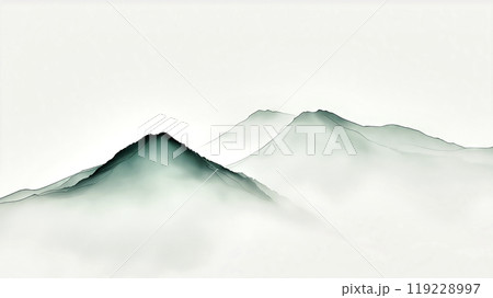 Minimalist illustration of mountain peaks emerging from a misty cloudscape, rendered in shades of green and white 119228997