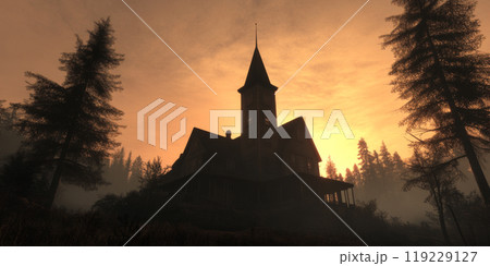 Silhouetted historic church against a dramatic sunset in a dense forest environment 119229127
