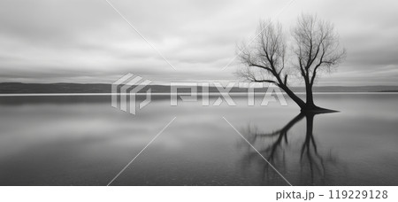 Lonely tree stands in calm waters at dusk with a tranquil landscape in black and white 119229128