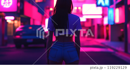 A woman walks alone through a neon lit street in the evening, surrounded by colorful signs 119229129
