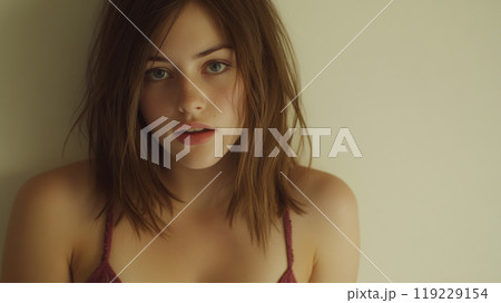 Young woman with tousled hair gazes softly against a neutral background in a cozy indoor setting 119229154