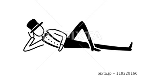 だらしないポーズで寝そべる英国紳士のシンプルな線画イラスト 透過背景の切り抜き だらしないポーズで寝そべる英国紳士のシンプルな線画イラスト 透過背景の切り抜き 119229160