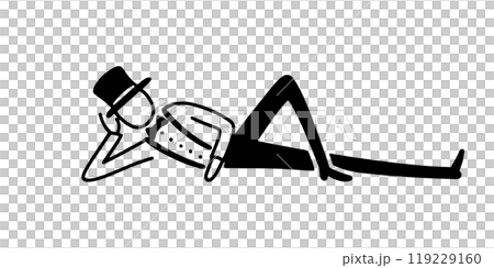 だらしないポーズで寝そべる英国紳士のシンプルな線画イラスト 透過背景の切り抜き だらしないポーズで寝そべる英国紳士のシンプルな線画イラスト 透過背景の切り抜き 119229160