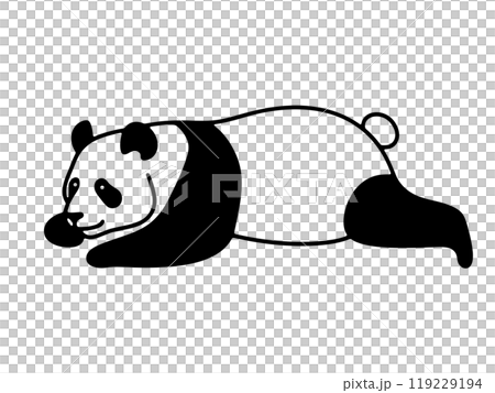 一隻熊貓躺在一個草率姿勢的簡單線條畫插圖，在透明背景上剪下來 119229194