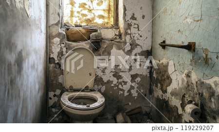 Crumbling walls and peeling paint surrounding an old toilet in an abandoned building show years of neglect Crumbling walls and peeling paint surrounding an old toilet in an abandoned building show years of neglect 119229207