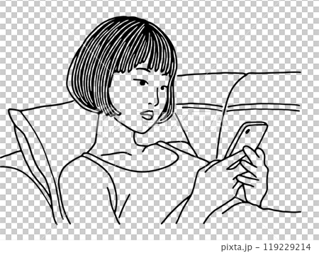 Simple line drawing of a woman looking at her smartphone screen, cut out on transparent background Simple line drawing of a woman looking at her smartphone screen, cut out on transparent background 119229214