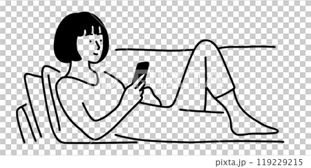 Simple line drawing of a woman looking at her smartphone screen, cut out on transparent background 119229215