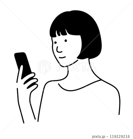スマホの画面を見ている女性のシンプルな線画イラスト 透過背景の切り抜き スマホの画面を見ている女性のシンプルな線画イラスト 透過背景の切り抜き 119229218