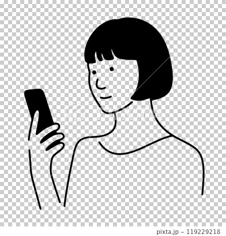 スマホの画面を見ている女性のシンプルな線画イラスト 透過背景の切り抜き スマホの画面を見ている女性のシンプルな線画イラスト 透過背景の切り抜き 119229218