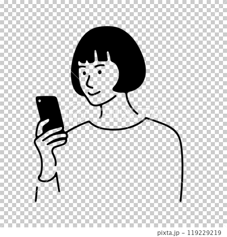 一個女人看著智慧型手機螢幕的簡單線條畫圖,透明背景上的切口 一個女人看著智慧型手機螢幕的簡單線條畫圖,透明背景上的切口 119229219