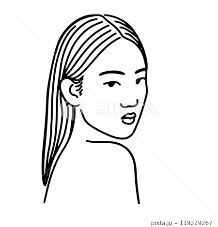 不細工な女性の顔のシンプルな線画イラスト 透過背景の切り抜きの