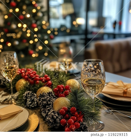 オシャレなテーブルの上に置かれたワイングラス オシャレなテーブルの上に置かれたワイングラス 119229315