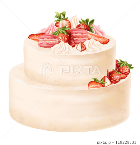 A festive two-tiered cake decorated with cream flowers, macaroon and fresh strawberries. Pastry dessert with whipped cream for birthday, home parties. A sweet berry gift. Digital isolated illustration 119229533