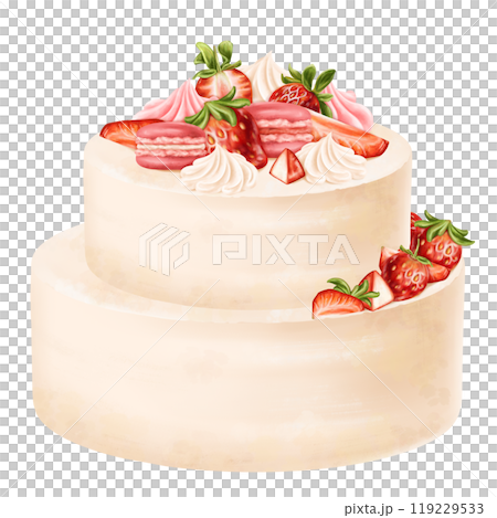 A festive two-tiered cake decorated with cream flowers, macaroon and fresh strawberries. Pastry dessert with whipped cream for birthday, home parties. A sweet berry gift. Digital isolated illustration 119229533