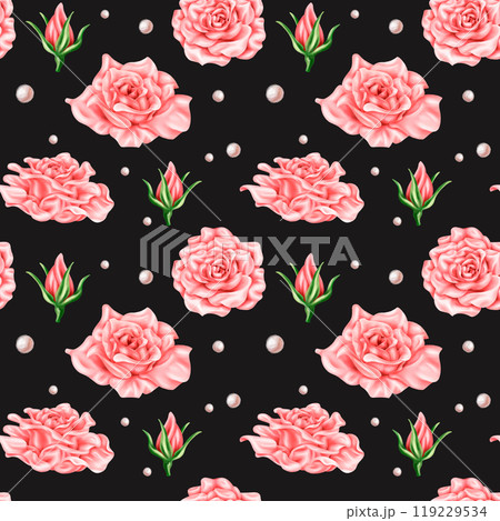 Seamless pattern of vintage pastel pink rose buds and green leaves. Romantic and beautiful digital illustration, repeating pattern. For decoration, design of invitations, date saving, greeting card 119229534