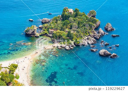 Aerial view of Isola Bella small island near Taormina, Sicily, Italy 119229627