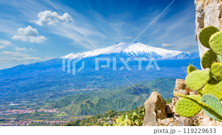 Scenic view of Mount Etna located on east coast of Sicily, Italy. 119229633