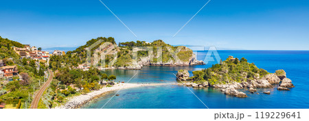 Panoramic view of Isola Bella small island near Taormina, Sicily, southern Italy Panoramic view of Isola Bella small island near Taormina, Sicily, southern Italy 119229641