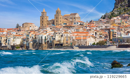 Cefalu is city on Tyrrhenian coast of Sicily, Italy 119229665