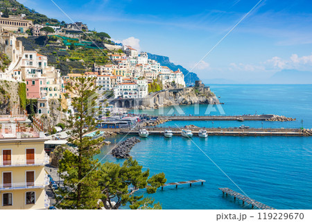 Beautiful seaside city Amalfi in province of Salerno, in region of Campania, Italy Beautiful seaside city Amalfi in province of Salerno, in region of Campania, Italy 119229670
