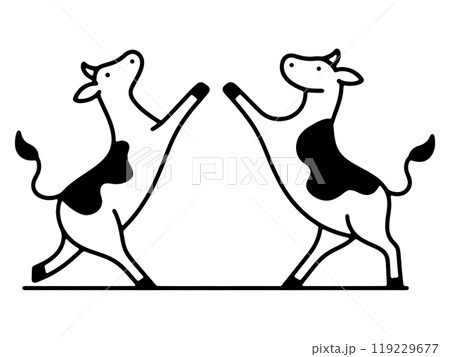 向かい合って踊っている2頭の白黒牛のシンプルな線画イラスト 透過背景の切り抜き 向かい合って踊っている2頭の白黒牛のシンプルな線画イラスト 透過背景の切り抜き 119229677