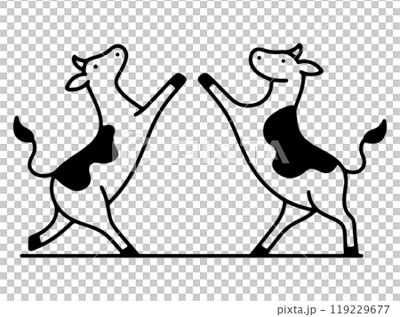 向かい合って踊っている2頭の白黒牛のシンプルな線画イラスト 透過背景の切り抜き 向かい合って踊っている2頭の白黒牛のシンプルな線画イラスト 透過背景の切り抜き 119229677