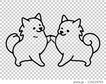 仲良しの2匹の可愛い子犬のシンプルな線画イラスト　透過背景の切り抜き 119229703