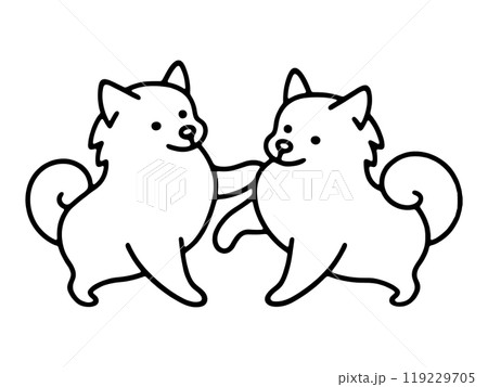 仲良しの2匹の可愛い子犬のシンプルな線画イラスト　透過背景の切り抜き 119229705