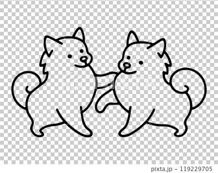 仲良しの2匹の可愛い子犬のシンプルな線画イラスト　透過背景の切り抜き 119229705