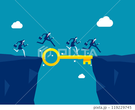 Key success, solution to solve problem and overcome obstacle, link or connect bridge to help achieve success, resolution method or resolve concept, business people walk on key success cross the gap. 119229745