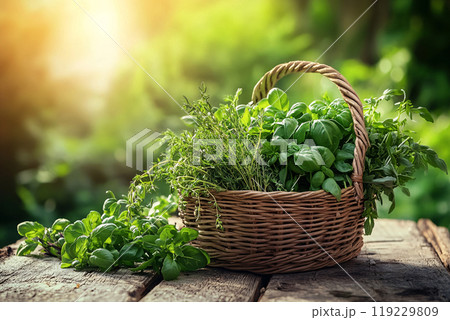 A basket of fresh herbs displayed on a rustic table, vibrant green and naturally lit, Generated AI 119229809