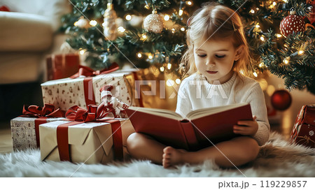Little girl reading a book under christmas tree surrounded by presents Little girl reading a book under christmas tree surrounded by presents 119229857