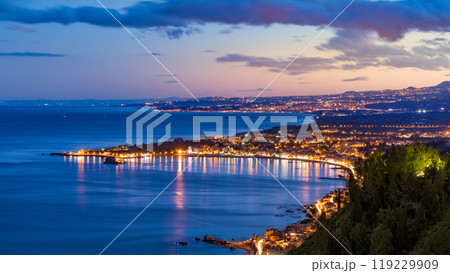 Aerial sunset view of coast of Sicily near Taormina, Italy. Aerial sunset view of coast of Sicily near Taormina, Italy. 119229909