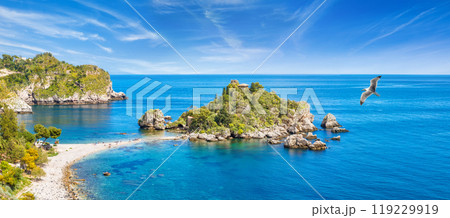 Panoramic view of Isola Bella small island near Taormina, Sicily, Italy Panoramic view of Isola Bella small island near Taormina, Sicily, Italy 119229919