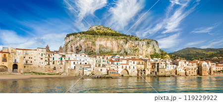 Panorama of Cefalu, city on Tyrrhenian coast of Sicily, Italy 119229922