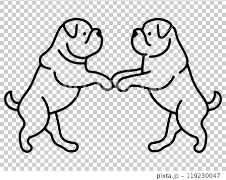兩隻鬥牛犬小狗面對面的簡單線條畫插圖，透明背景上的切口 119230047