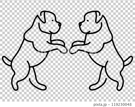 兩隻鬥牛犬小狗面對面的簡單線條畫插圖，透明背景上的切口 119230048