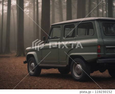 car standing in foggy autumn forest 119230152