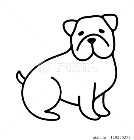 こちらを見ている不細工なブルドッグの子犬のシンプルな線画イラスト　透過背景の切り抜き 119230272