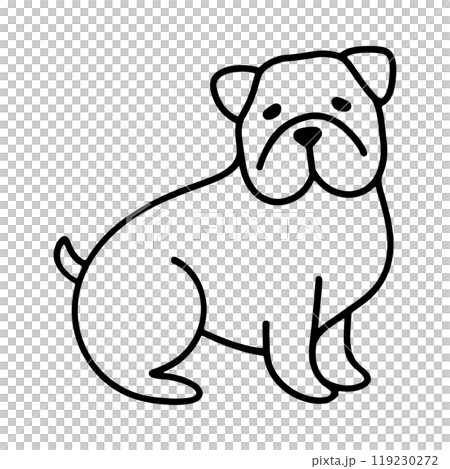 こちらを見ている不細工なブルドッグの子犬のシンプルな線画イラスト　透過背景の切り抜き 119230272
