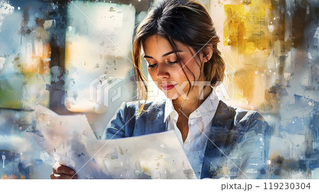 Businesswoman reading important documents in...のイラスト素材 [119230304] - PIXTA