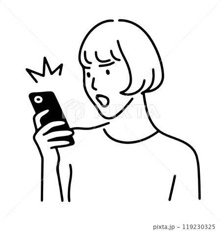 スマホの画面を見て怒った表情の女性のシンプルな線画イラスト 透過背景の切り抜き スマホの画面を見て怒った表情の女性のシンプルな線画イラスト 透過背景の切り抜き 119230325