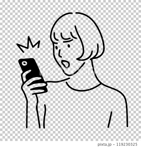 スマホの画面を見て怒った表情の女性のシンプルな線画イラスト 透過背景の切り抜き スマホの画面を見て怒った表情の女性のシンプルな線画イラスト 透過背景の切り抜き 119230325