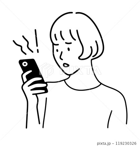 スマホの画面を見て困った表情の女性のシンプルな線画イラスト 透過背景の切り抜き スマホの画面を見て困った表情の女性のシンプルな線画イラスト 透過背景の切り抜き 119230326
