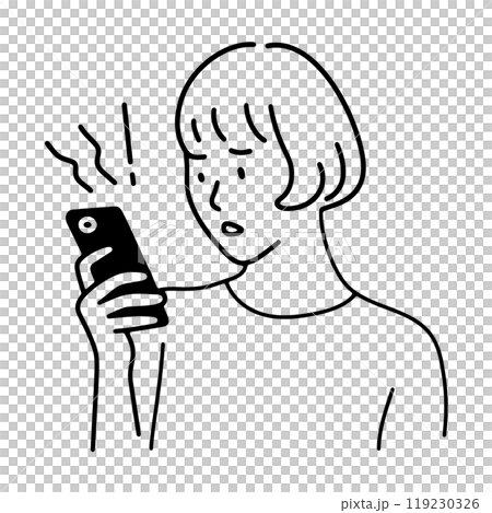 スマホの画面を見て困った表情の女性のシンプルな線画イラスト 透過背景の切り抜き スマホの画面を見て困った表情の女性のシンプルな線画イラスト 透過背景の切り抜き 119230326